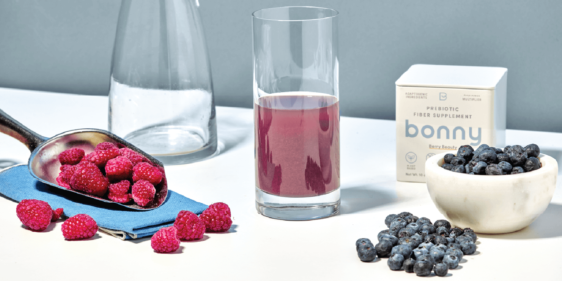Bonny Prebiotic Fiber with Berries and Glass of Bonny