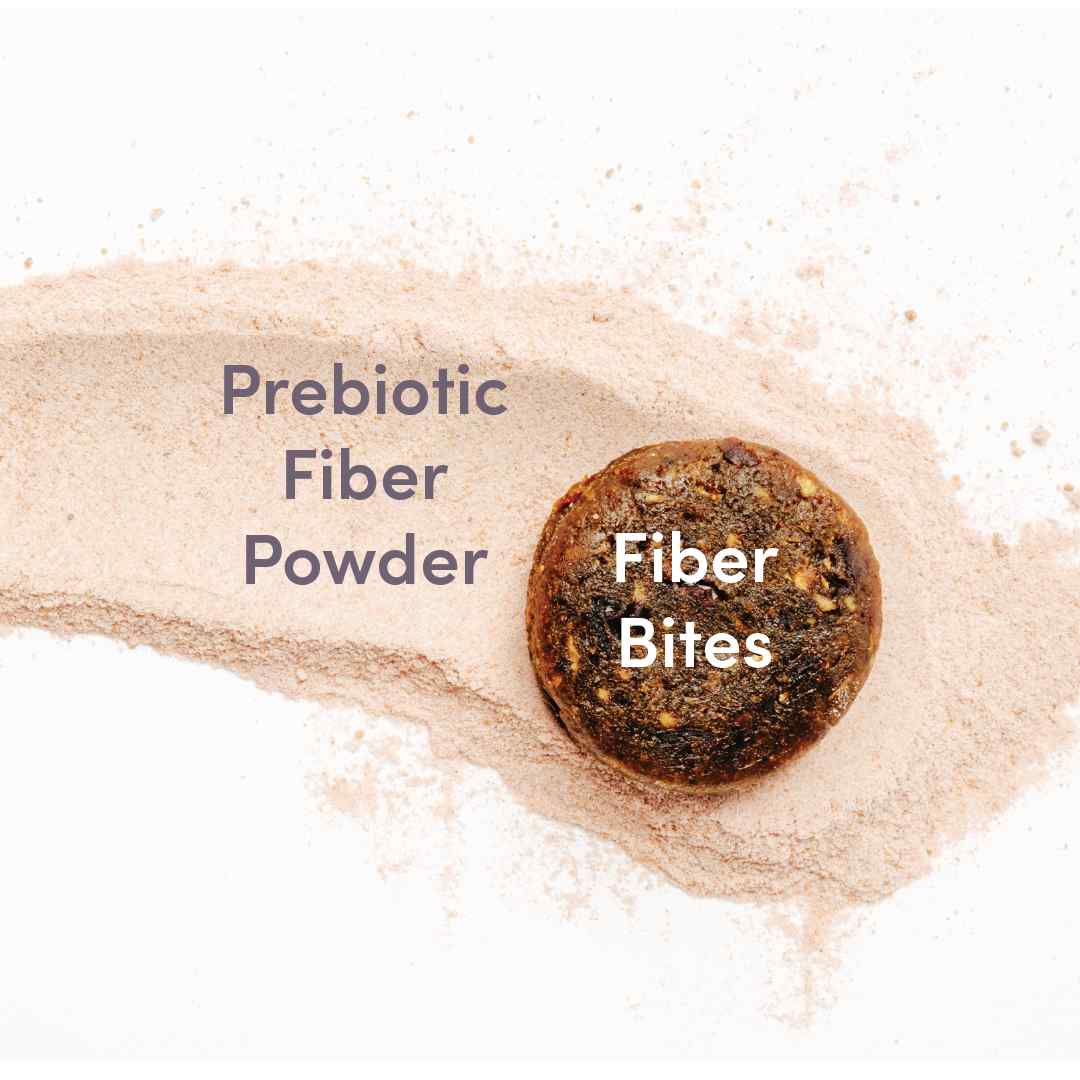 Bonny Prebiotic Fiber Powder and Bonny Fiber Bites with real fruit like blueberries, apples, figs, and cranberries