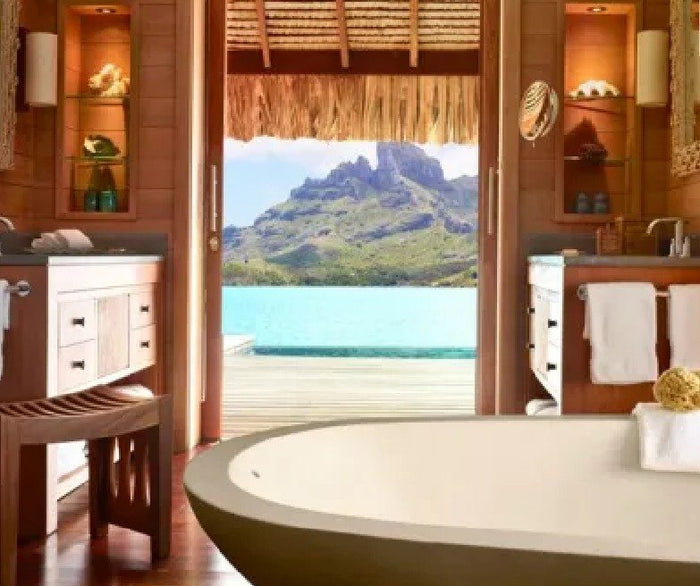 Bathroom with a lagoon view at the Four Seasons Bora Bora