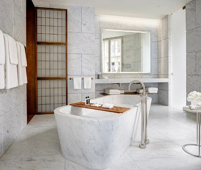 White marble bathroom at the Hotel Cafe Royal in London