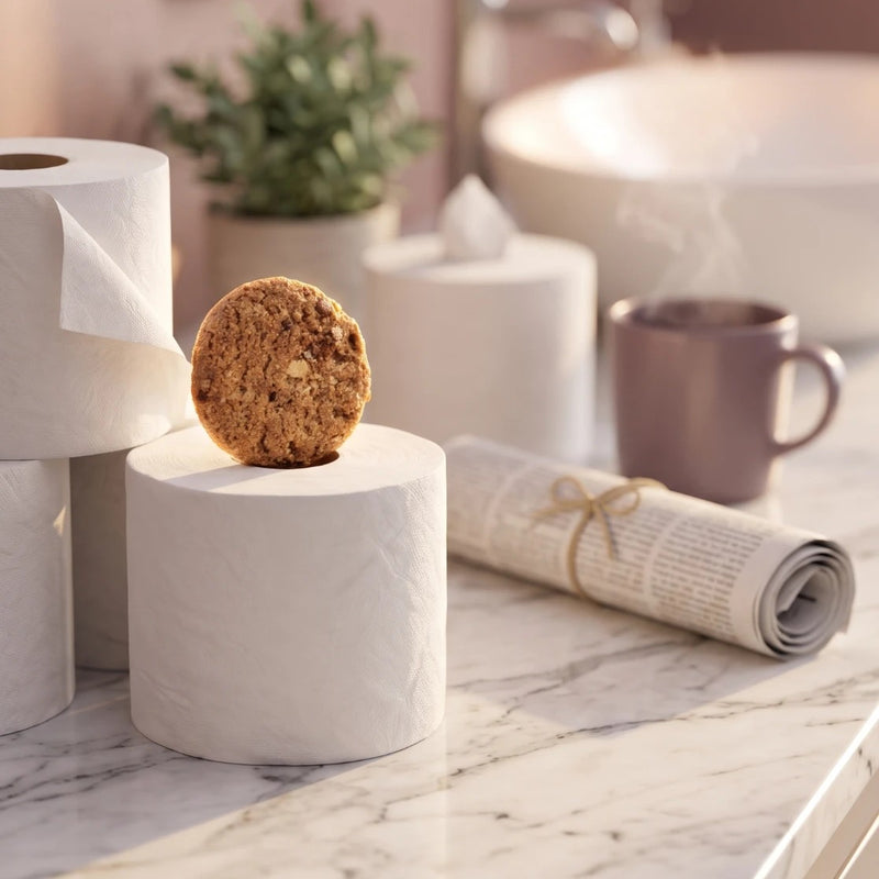 A Bonny cookie resting on a roll of toilet paper by the bathroom sink