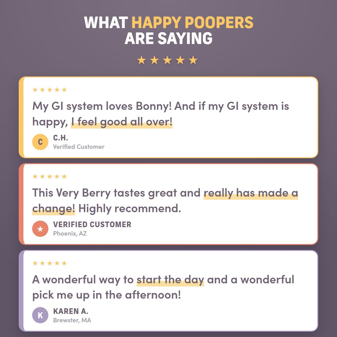 'WHAT HAPPY POOPERS ARE SAYING' above three customer review cards 
